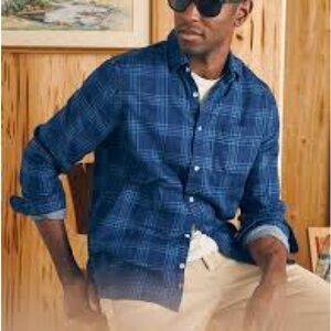NWT Faherty Sunwashed Chambray Shirt Jacket -Indigo Dyed Navy Windowpane Sz Med